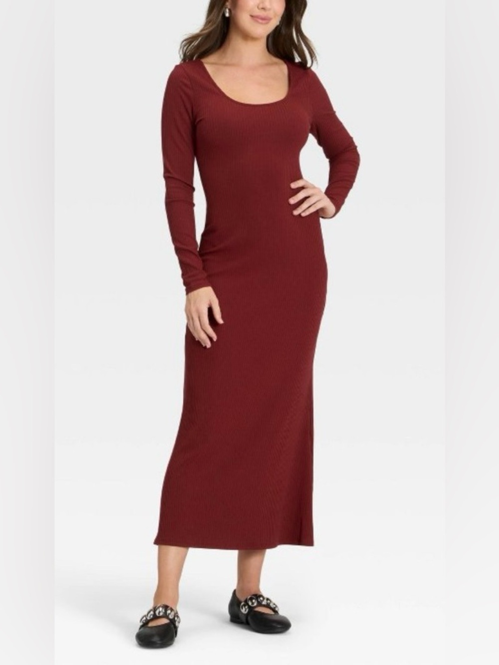 Women’s Long Sleeve Rib-Knit Maxci Dress-M
